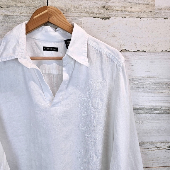 Structure 100% Linen Oversized Embroidered V-Neck Shirt Medium White Minimalist - Picture 8 of 13